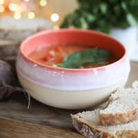 Coral Pink ceramic soup bowl from Glosters.