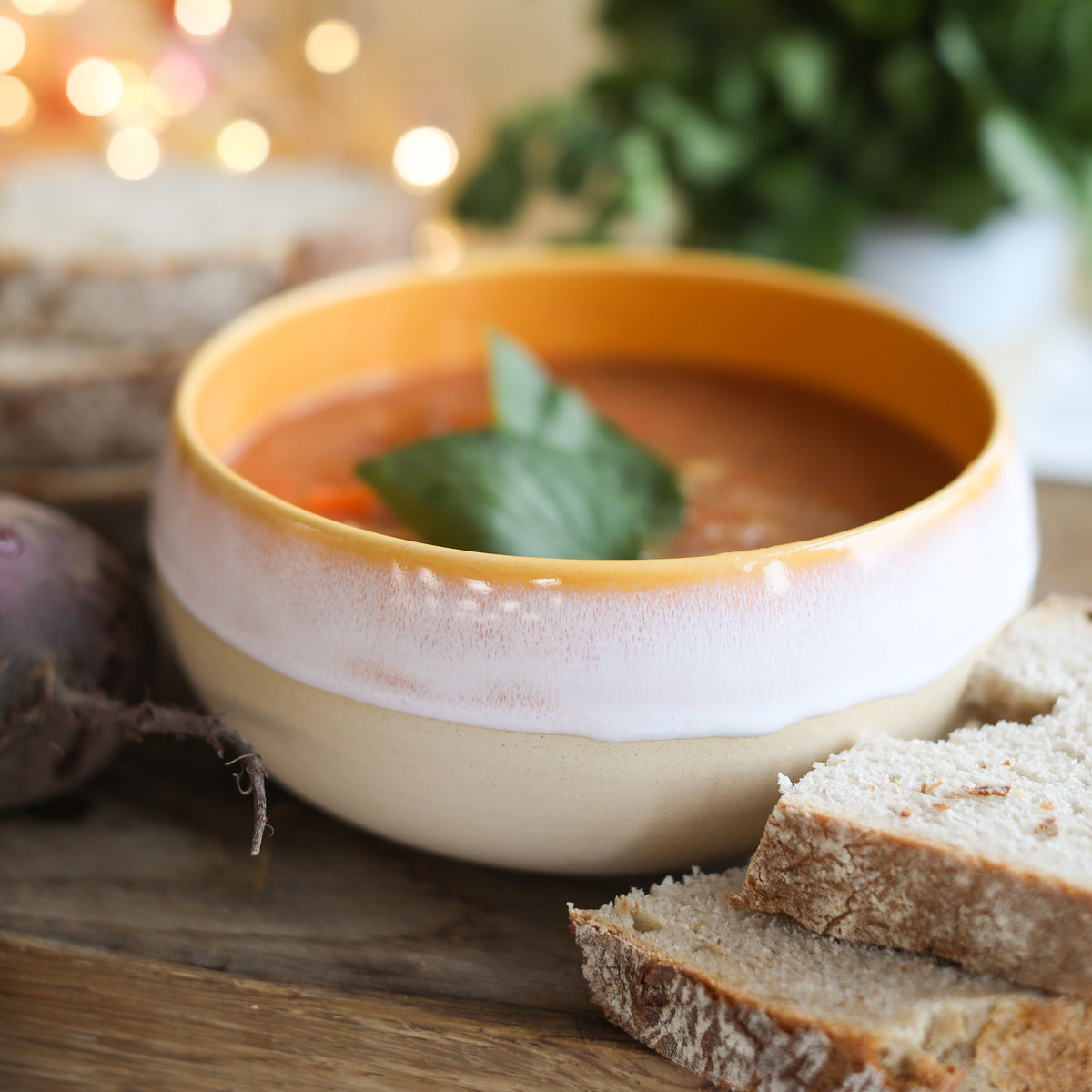 Mustard ceramic soup bowl from Glosters.