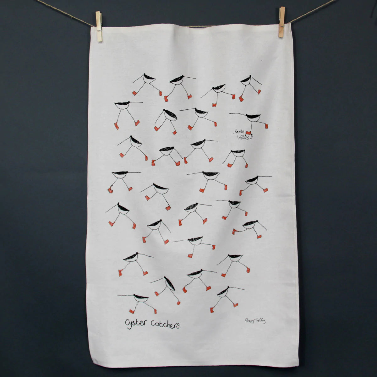 British tea towel with design of oyster catchers from Glosters