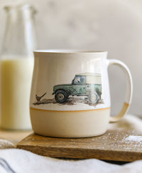 A handmade mug with an illustration of a 4x4 from Glosters.